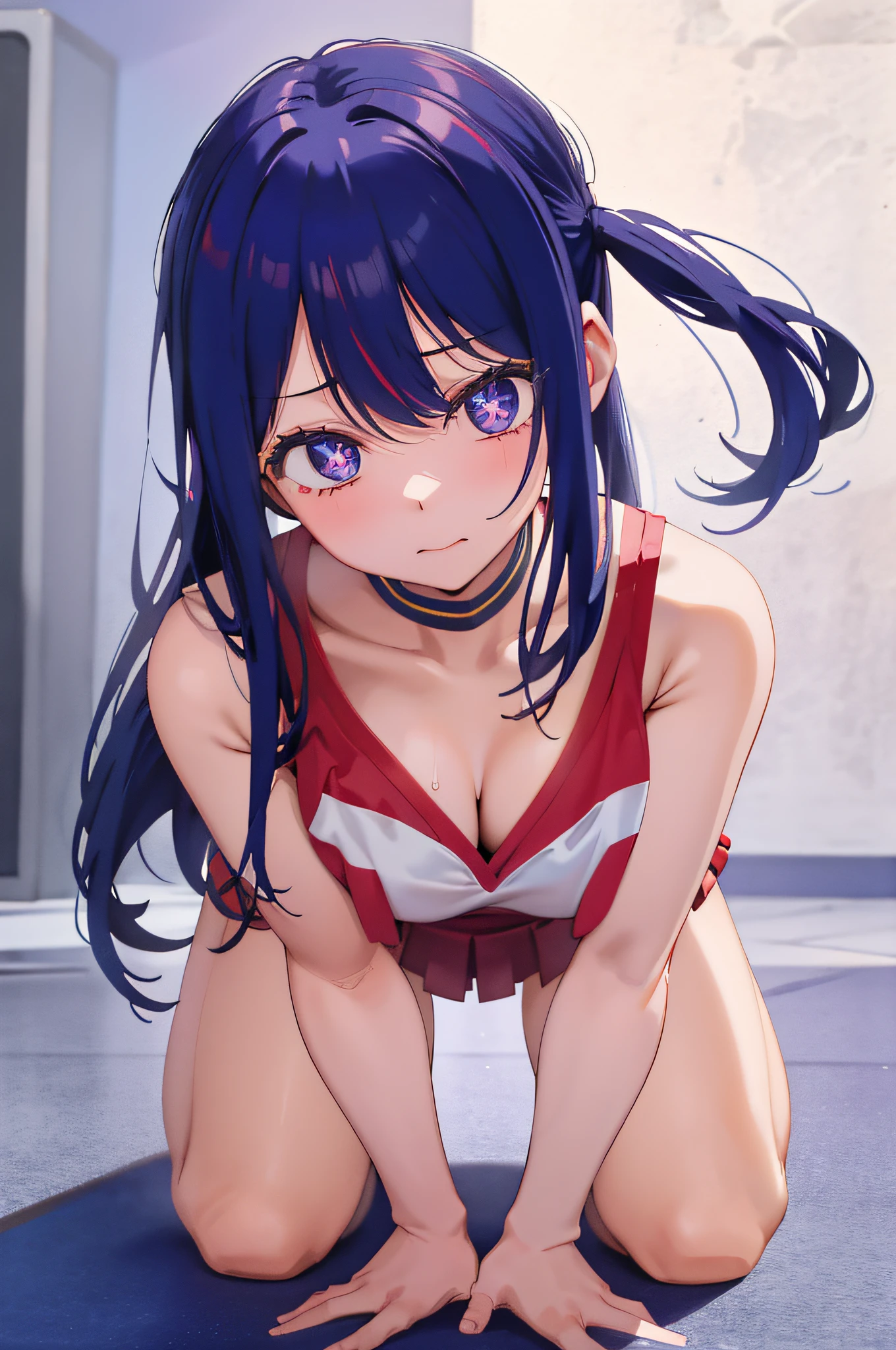 Hoshino Ai,one girls、girl with,Do-up、SEX、Crown Half Up Hairstyles,Young  features、Put your hands on the ground、Keep both knees on the  ground、all-fours、Lewd face、big bouncy chest、cheer girl、bright blue-purple  hair、Cheerleader Costumes ...