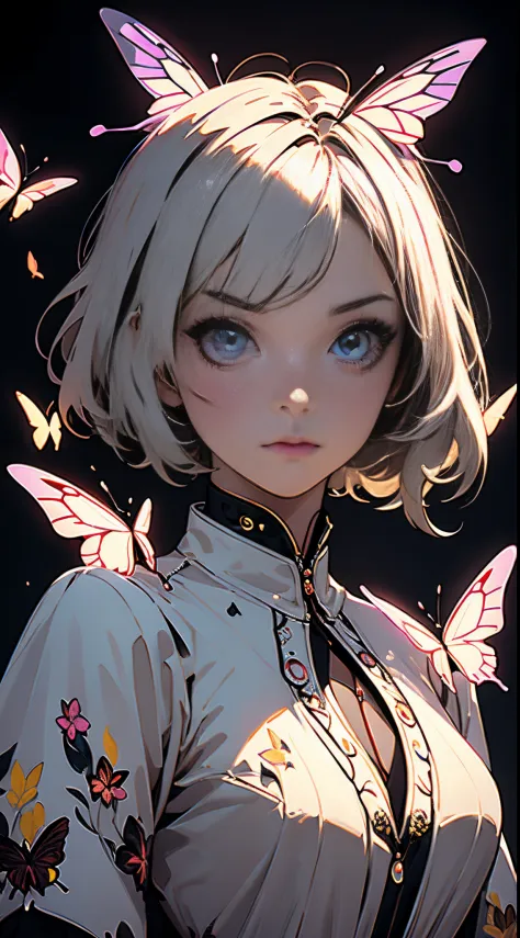 Close up, 1 girl, short hair , symmetrical detailed face, detailed hands, billowing white dress, surrounded by neon butterflies,...