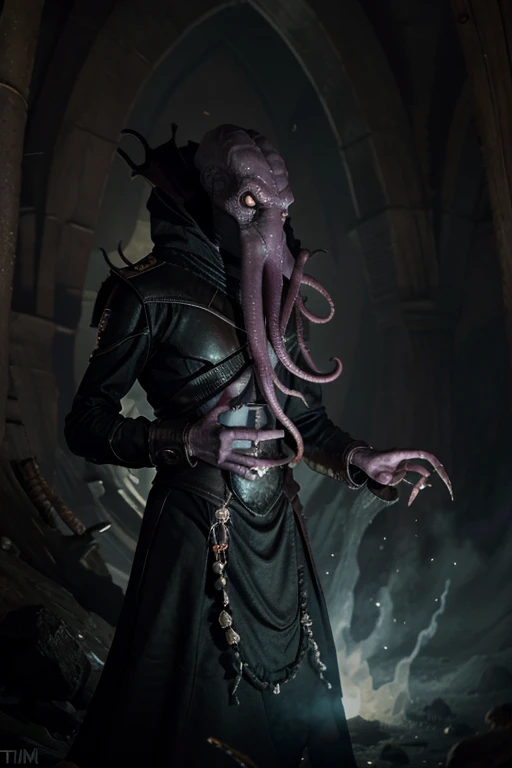 The Mind Flayer, also known as Illithid, is a grotesque and alien humanoid creature that hails from the darkest depths of the Underdark. Standing approximately 6 to 7 feet tall, its body is slender and pale, with elongated limbs and a head that bears a grotesque, octopus-like visage. Tendrils dangle from its chin, framing a horrifying beak-like mouth that conceals a sharp, toothed maw. Its eyes, devoid of any discernible emotion, gleam with an unnatural intelligence. The Mind Flayer possesses psionic abilities that allow it to manipulate the minds of those unfortunate enough to cross its path. Clad in dark, ceremonial robes adorned with sinister symbols, it exudes an aura of otherworldly menace. The Mind Flayer is notorious for its method of hunting and feeding, using its psionic powers to extract the brain from a helpless victim through its tentacled mouth. It is a master of mental domination, often surrounded by thralls and subjugated creatures that serve its insidious will. In battle, the Mind Flayer relies on both its psychic abilities and physical prowess. It can unleash devastating psionic attacks, incapacitating foes and leaving them vulnerable to its tentacled assaults. Its intellect and strategic acumen make it a formidable adversary, and encountering a Mind Flayer is a terrifying prospect for even the most seasoned adventurers exploring the treacherous realms of Dungeons & Dragons.