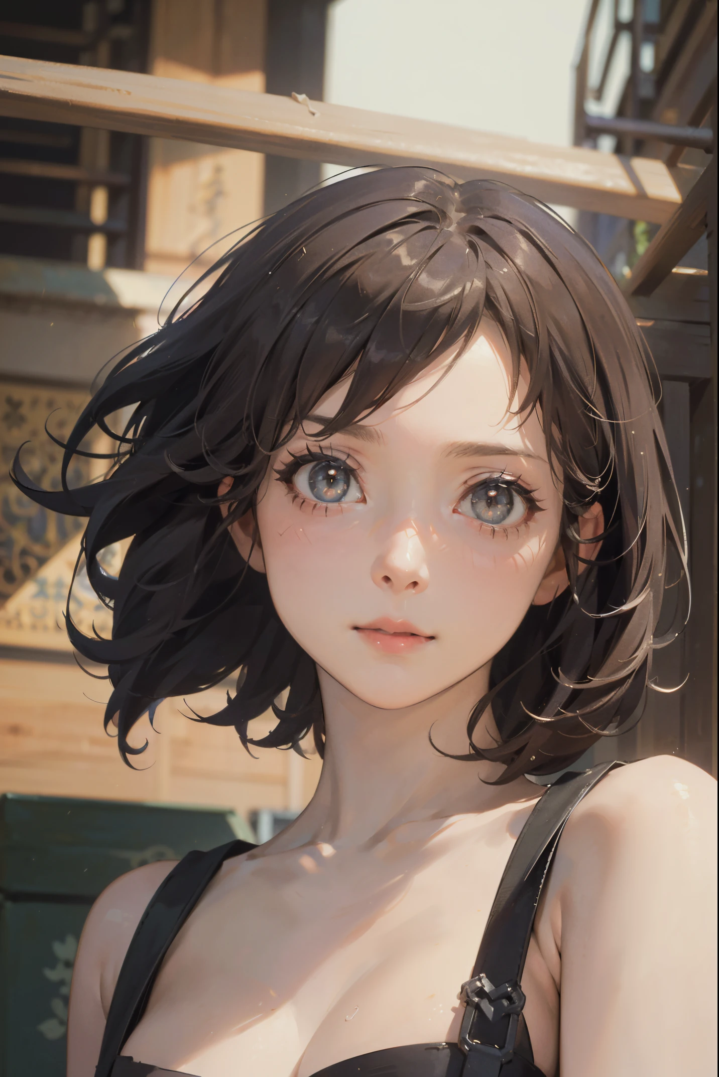 (1girl in, (((shorth hair))), art nouveau,(​masterpiece, top-quality, Near and far law, depth of fields:1.5), Beautiful expression, 8k, Raw foto, nffsw, Photorealsitic, film grains, chromatic abberation, hight resolution, Ultra-detail, finely detail, Dynamic Lighting, Dramatic Lighting、shadowy、extremely detailed eye and face、Round pupils、realistic eyes body bien、clean back ground