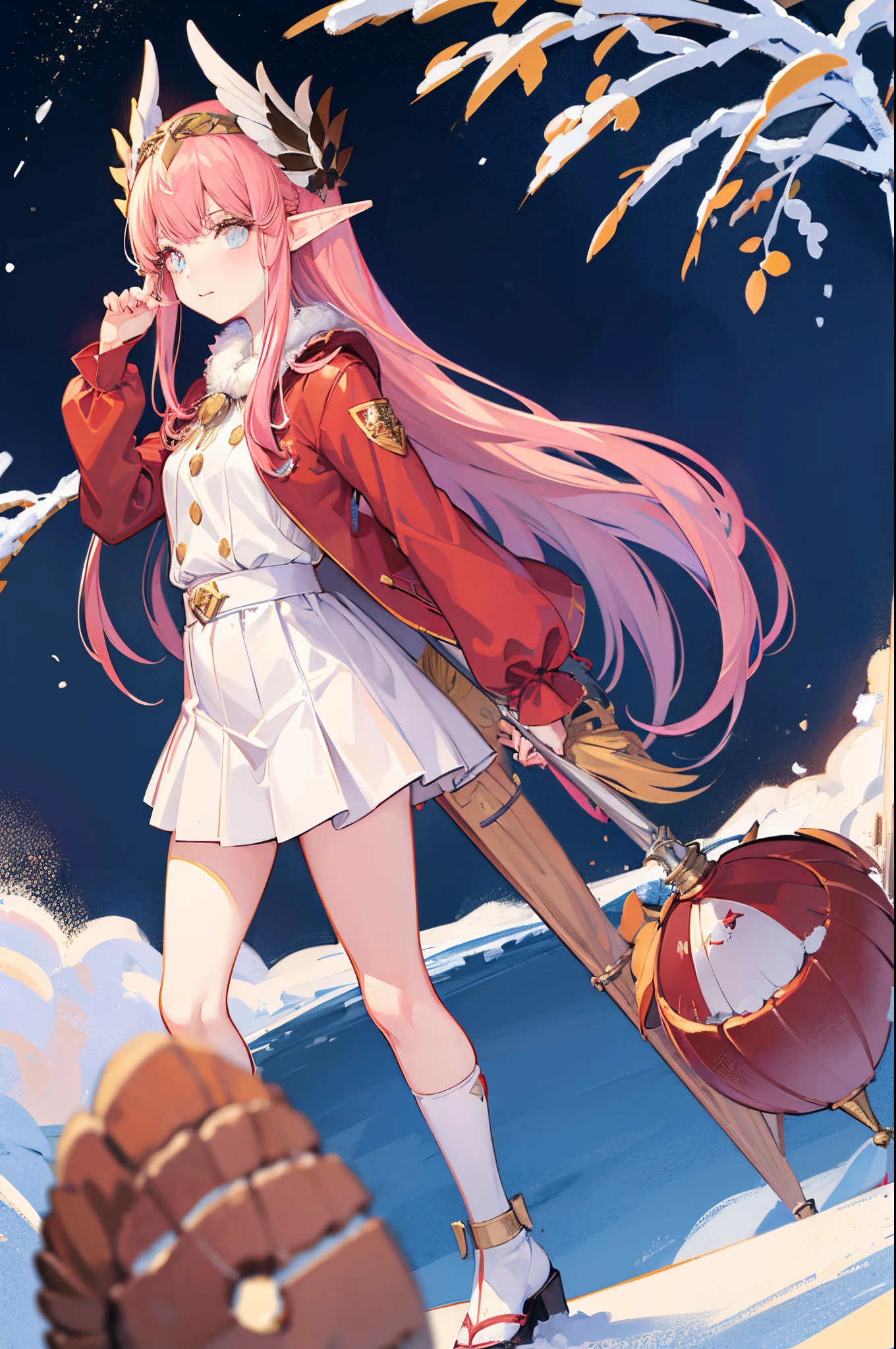 Anime girl with long pink hair and a red jacket holding a wooden stick -  SeaArt AI