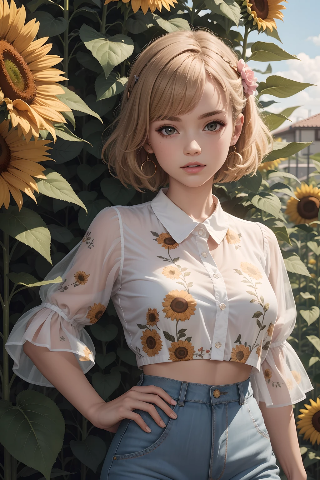 (((Masterpiece))), a sweet woman, top quality, super detailed, cute and spunky, retro 60's style, fair skin, short curly blonde hair with flower clips, pink button up crop top transparent floral print sleeves, tan high waist button up shorts, sunflowers