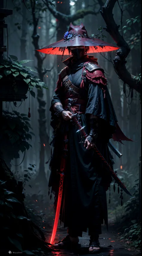 anime character with a red light sword in a dark forest, cyberpunk samurai, portrait of a cyberpunk samurai, very beautiful cyberpunk samurai, benedick bana, dark cloaked necromancer, portrait of a bloodborne hunter, inspired by Kanō Hōgai, ww 1 sith sorce...