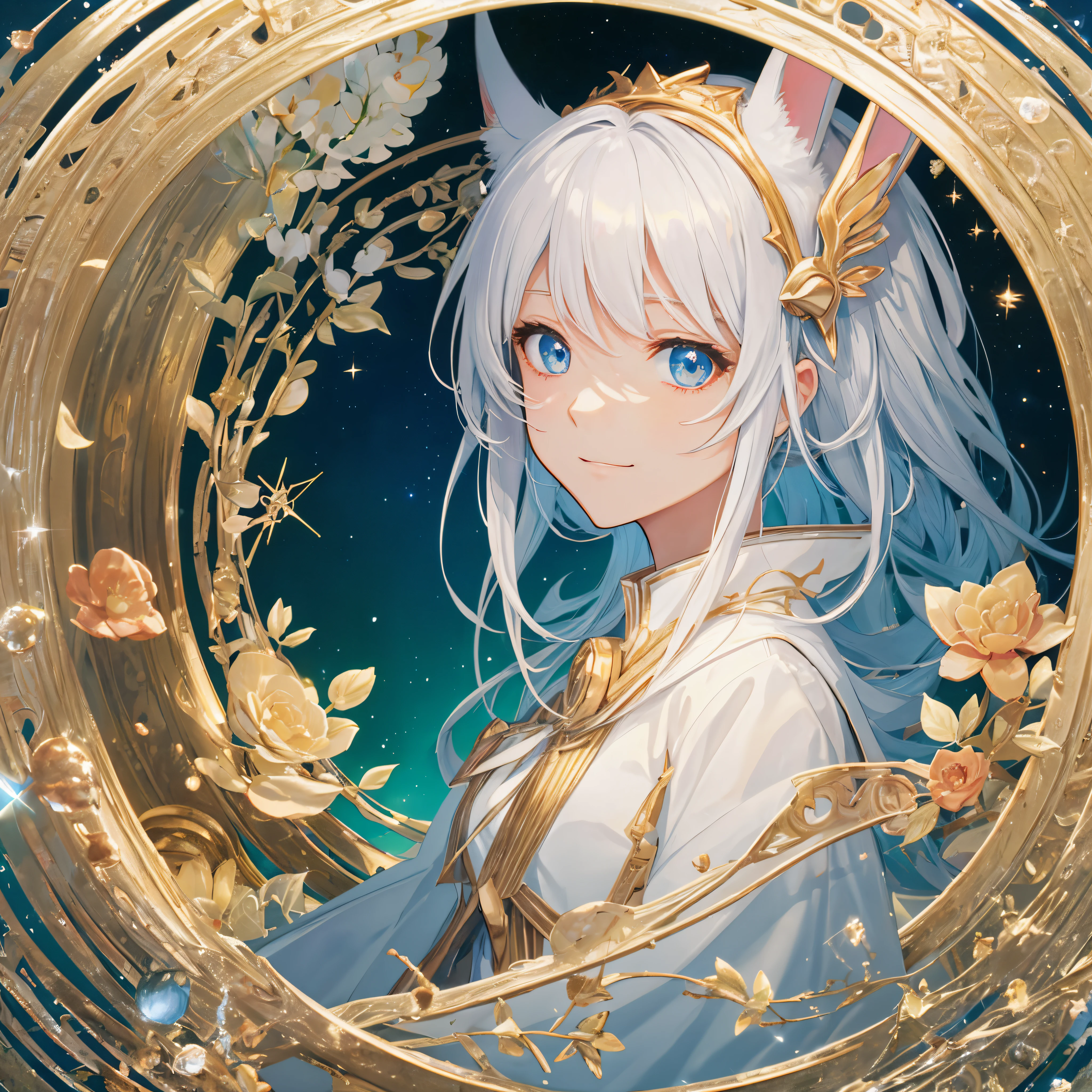 （（Gorgeous starry sky background），（（ultra - detailed）），（（Best Best Illustration），（（电影lamplight）），{{cute anime face}}，（Best quality），（ultra - detailed），（The best illustrations），（very delicate beautiful}，{album covers}，album，(Best quality,4K,A high resolution),Anime girl with bunny ears,Very long white rabbit ears， Travel through the universe, Wearing a flowing white magical girl robe，with smile, long flowing white hair, intricate headpiece, Colorful bracelets, this rabbit#39;The ears are so long, fully body photo, cosmic, Interstellar Travel, galaxias, Starcloud, asteroids, vastness, Twinkling stars, A vibrant fantasy world, majestic cosmic background, Widescreen wallpaper，(tmasterpiece), (Best quality at best), (ultra - detailed),(curlies),(lamplight), (Fashion clothing),beautidful eyes, exquisite and beautiful face, floating, (high saturated), (shine), Serafre#39;Works on artstation, thick acrylic, Illustration on Pixiv, Portrait of waist up, Best quality at best , ultra - detailed, sad, Skillful, Nice face, Character styles rendered by Octane,bright，cheerfulness，Interesting，gentlesoftlighting，（bauhause，shape，line engineering，Abstract：1.1）,Best quality at best，cinematic Film still from，