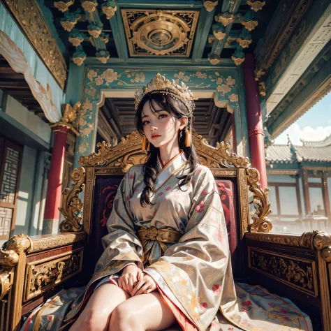 generate chinesse lady wearing traditional chinesse dress, she sit on empress throne, showing her boob, showing her cleaveage, t...