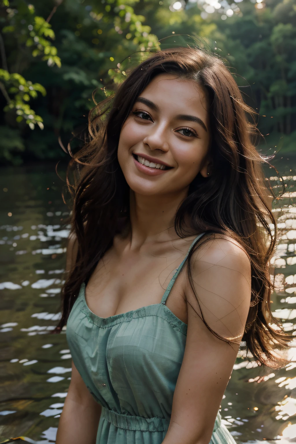 (highres:1.2),portrait,Latina woman, 2,long black hair,hazel eyes,smiling,walking in a forest with a lake,during a beautiful sunset,soft lighting,serene atmosphere,nature,majestic trees,subtle breeze,lush greenery,tranquil water surface,evening sky with warm orange and pink hues,peaceful reflection on the lake,long flowing dress,graceful movement,joyful expression,delicate details on facial features,fine strands of hair gently swaying,gentle caress of sunlight on her skin,harmonious composition of nature and beauty