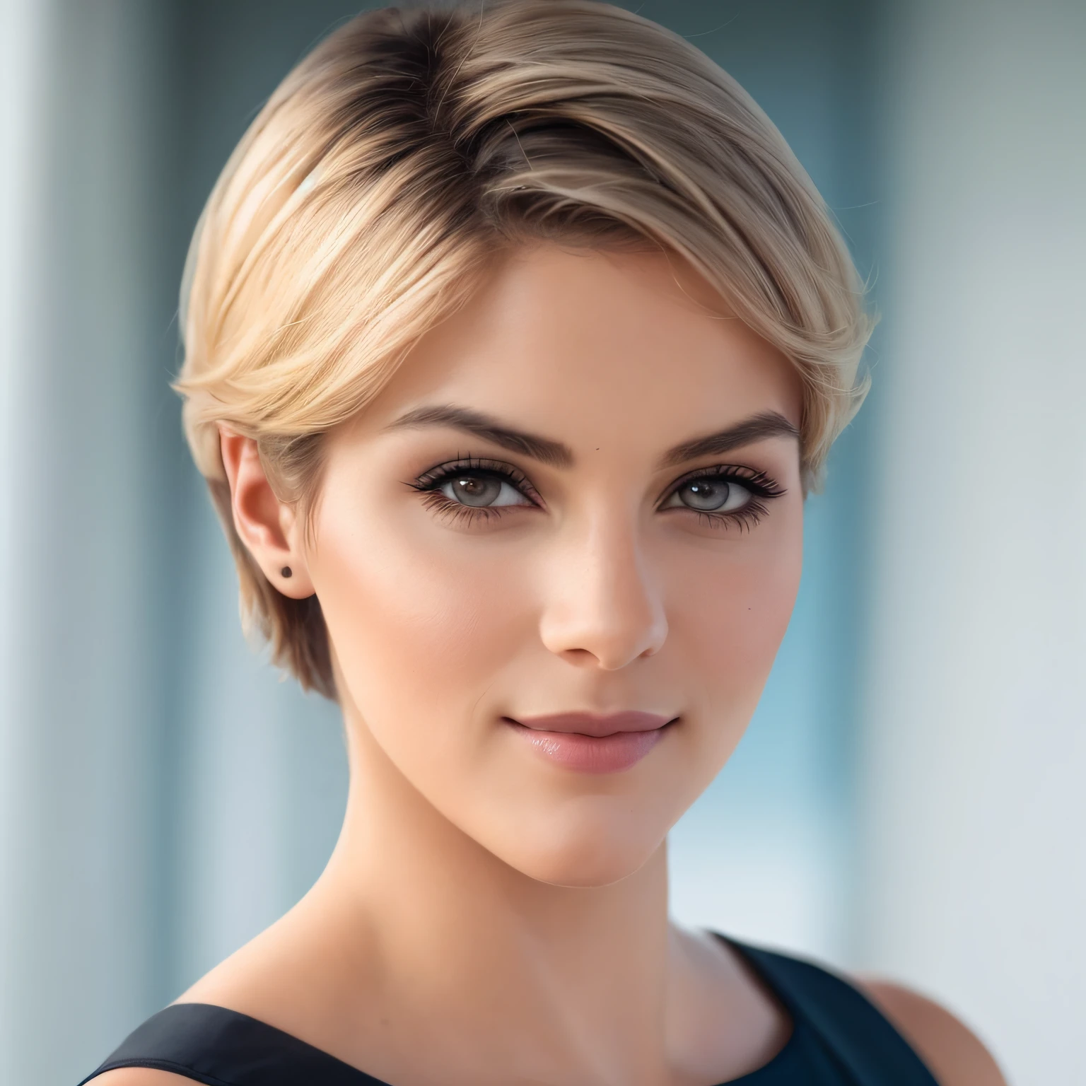 A woman with short blonde hair and a black dress - SeaArt AI