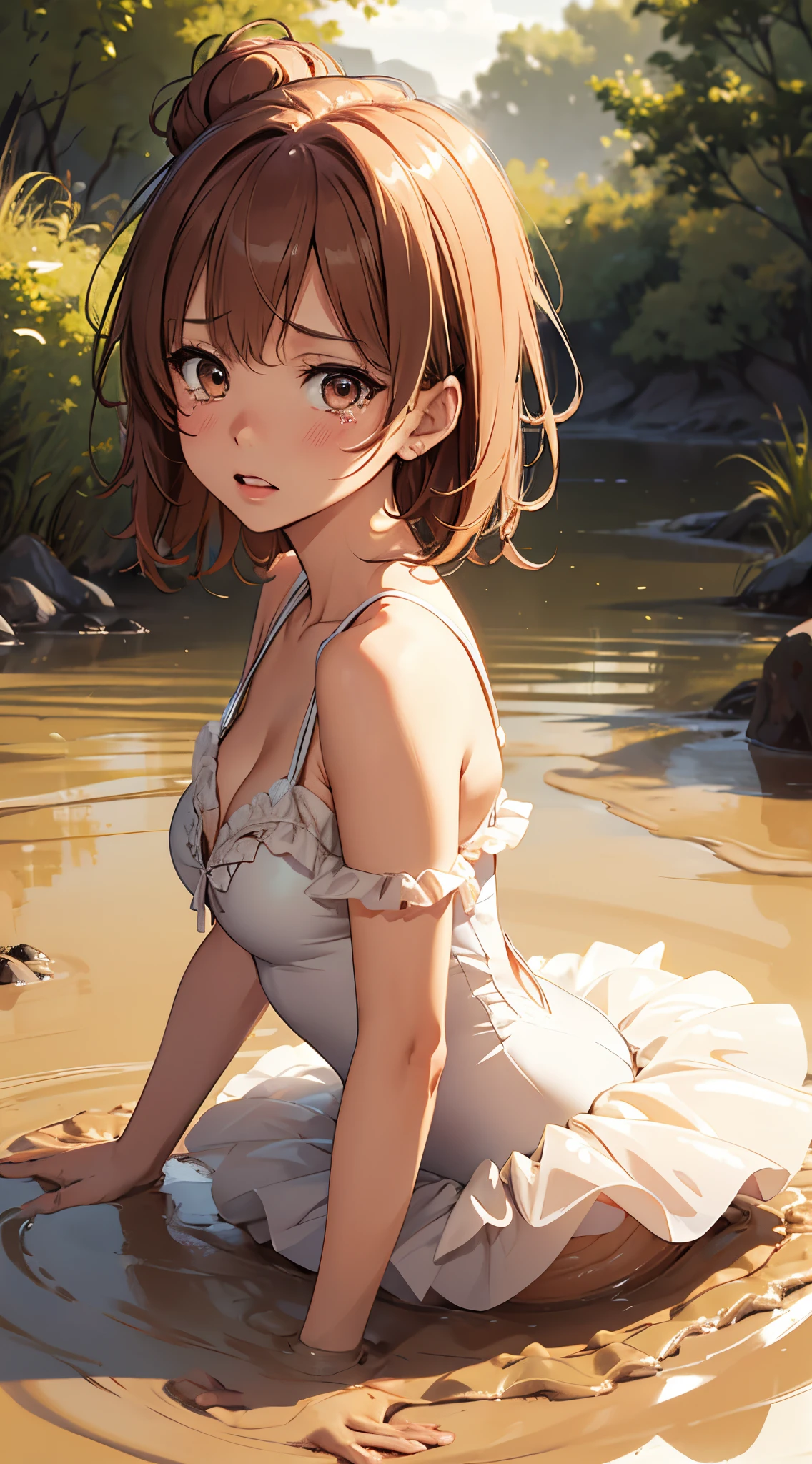 1girl, solo, masterpiece, best quality, high res, highly detailed, (illustration), beatiful detailed eyes, yuigahama yui, single hair bun, glossy lips, light makeup, scared, (tears), (ballerina), sleeveless leotard, cleavage, (tutu), (quicksand:1.3)