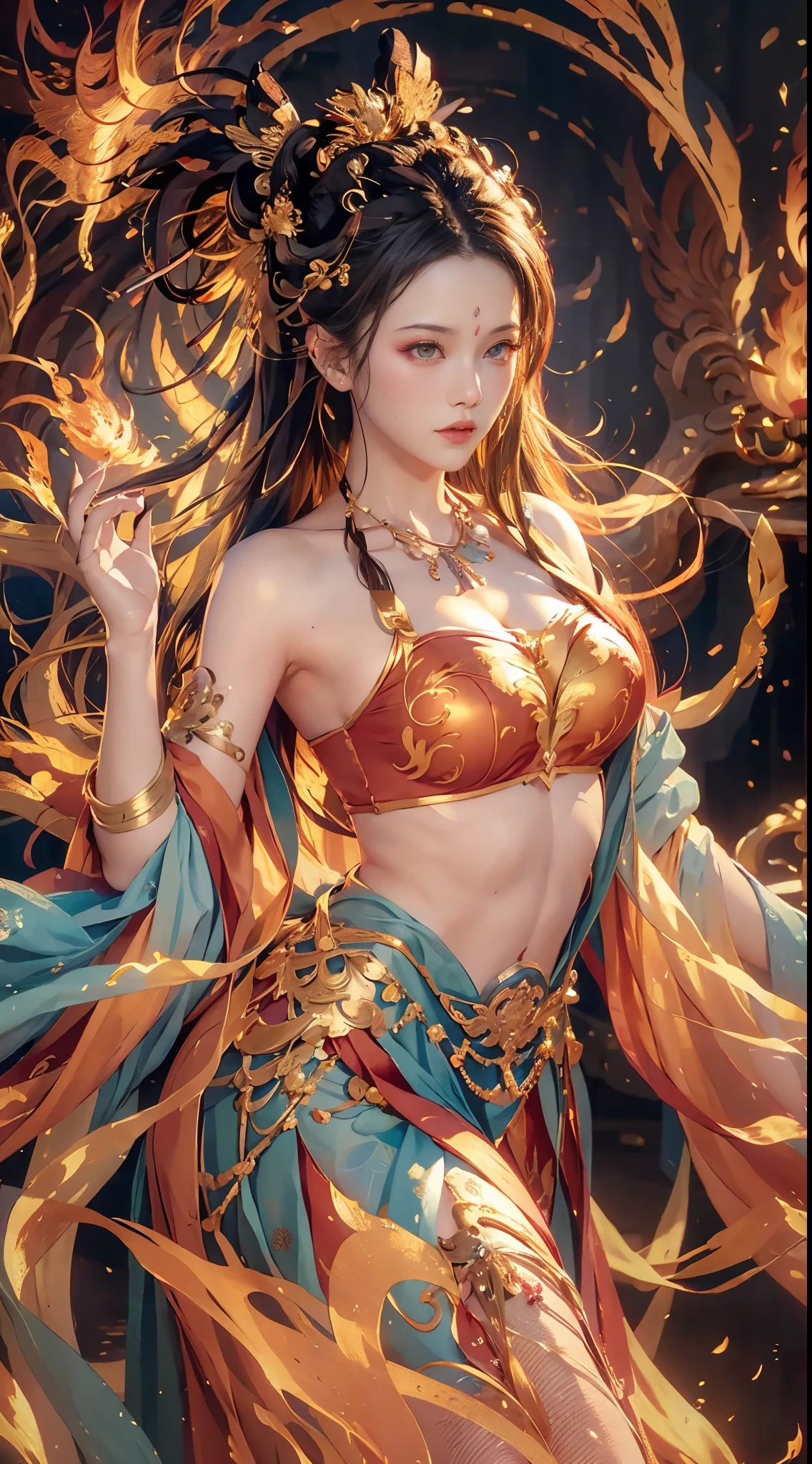 (Fullbody shot:1.1),(RAW photo, Best quality), (Realistic, photo-realistic:1.3), Highly detailed, Ultra-detailed, Small bra B cups，1girll, beautiful face, high detailed face, smile, Dancing, Flame in her hand, Phoenix flame bird in background, Dynamic Angle, world mastery theater, Messy_Long_Hair, extremely detailed CG unity 8k wallpaper, ink, astounding, lenlare, dunhuang_Style, (big breasts beautiful+fanciful), (8k wallpaper:1.2+8k wallpaper:1.1), (art-style+art work) Perfect facial features, Super realistic, illustration, surrealism, cubismo, Best quality, Masterpiece, Best quality, High details, (2-legs,2-hand,5-finger in each hand)