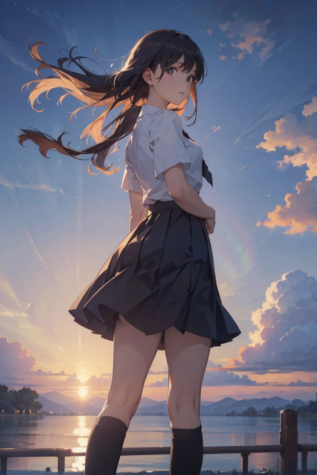 1 girl, standing back to the viewer, facing at the sky, orange blue sky, perfect sky condition, kimi no nawa sky, sunset sky, detailed japanese high school uniform, detailed sky, a little bit star, ocean, 8k