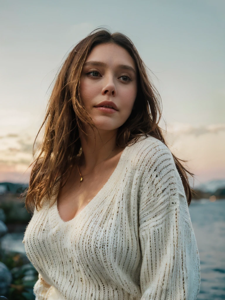 (RAW style, masterpiece, best quality, ultra-detailed), 28 years old Elizabeth Olsen posting outdoor, V neck white sweater, big breast, beautiful night, joyful, clear sky, analog style, (skin texture, film grain), cinematic light, sidelighting, ultra high res