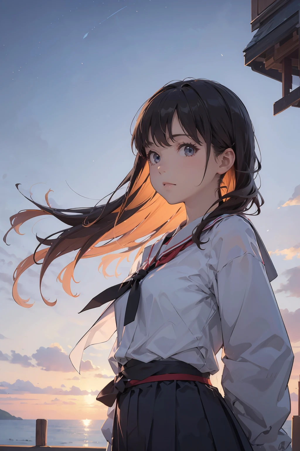 1 girl, standing back to the viewer, facing at the sky, orange blue sky, perfect sky condition, kimi no nawa sky, sunset sky, detailed japanese high school uniform, detailed sky, a little bit star, ocean, 8k