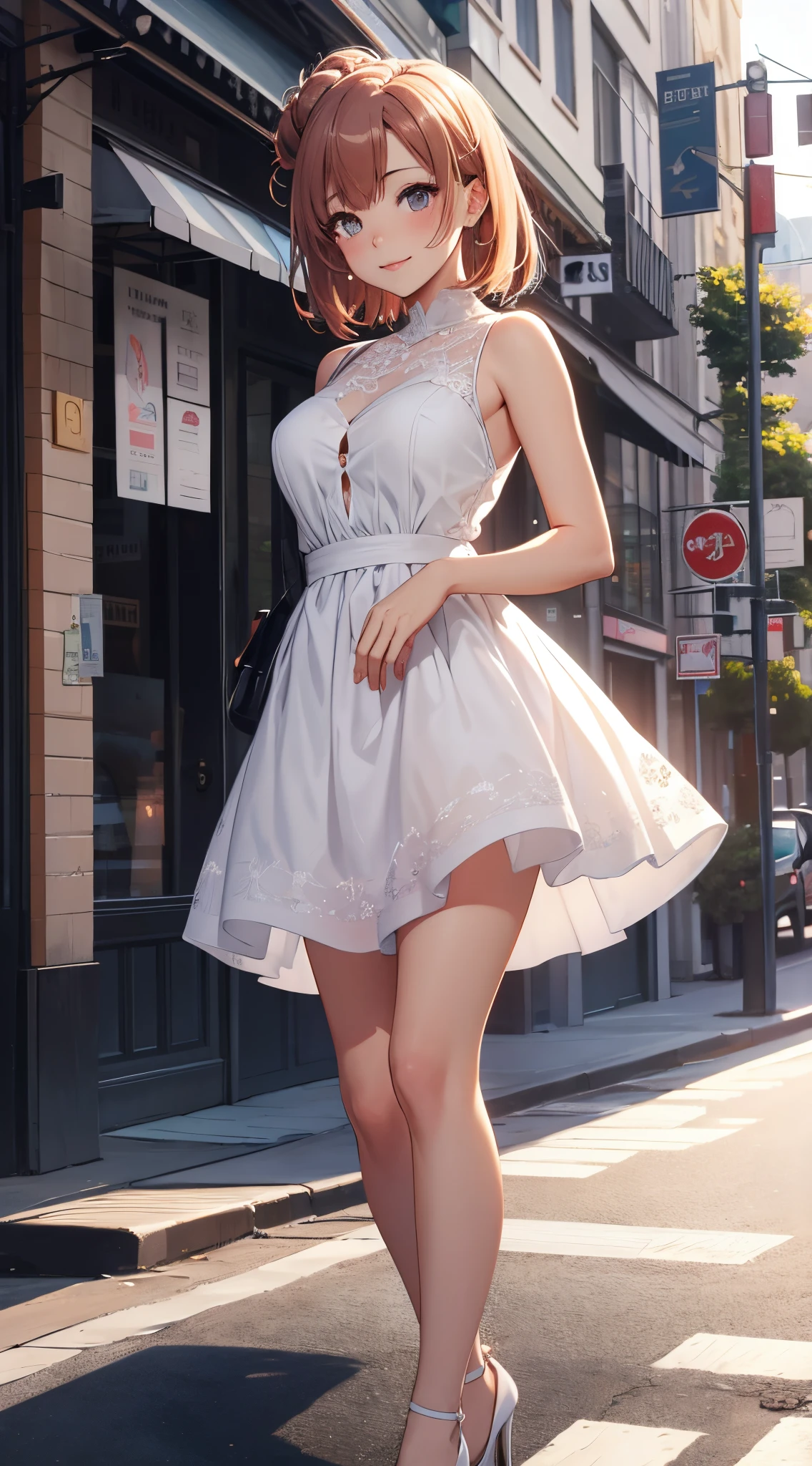 1girl, solo, masterpiece, best quality, high res, highly detailed, (illustration), beatiful detailed eyes, yuigahama yui, single hair bun, glossy lips, light makeup, city street, white dress, hogh heels, light smile