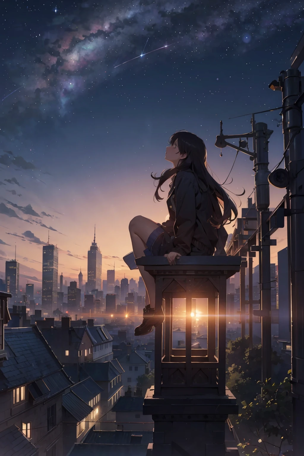 octans, sky, star (sky), scenery, starry sky, night, 1girl, night sky, solo, outdoors, building, cloud, milky way, sitting, tree, long hair, city, silhouette, cityscape