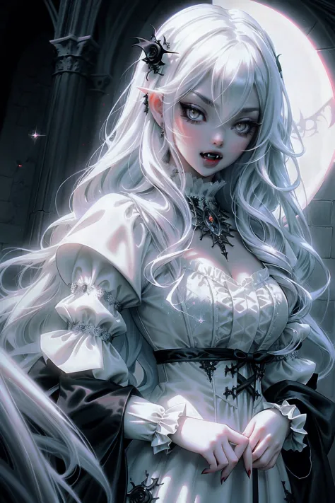 anime Vampire Princess, long white hair, gothic style, roses in hair, dark black eyelashes, white glow irises, fangs, light blue...