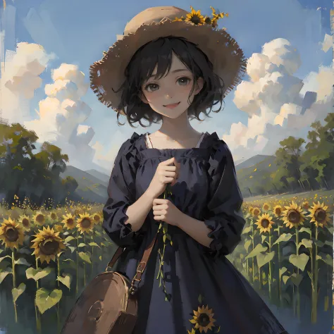 1 little girl, wearing hat, a blue dress, standing among sunflowers, himawari,looks into camera，smiling happily, oilpaintstyle, ...