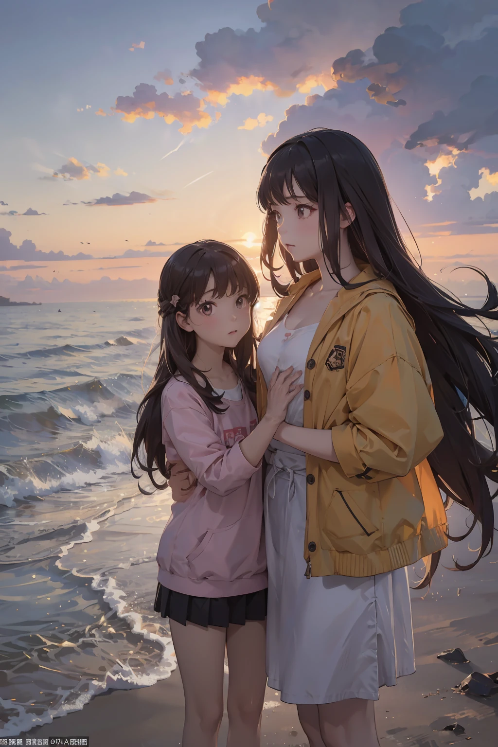 Twin girls，Cartoonish style，Against the background of the beach at sunset，Zoom out on the entire photo to see the text，Zhang Anxin written in three words