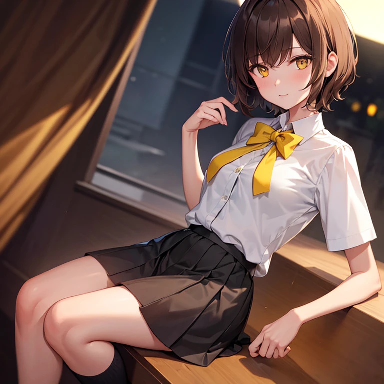 short hair,brown hair, bright yellow eyes, slim, sexy, wearing a school uniform, short skirt, front facing camera, beautiful, night Dark background,tomboi