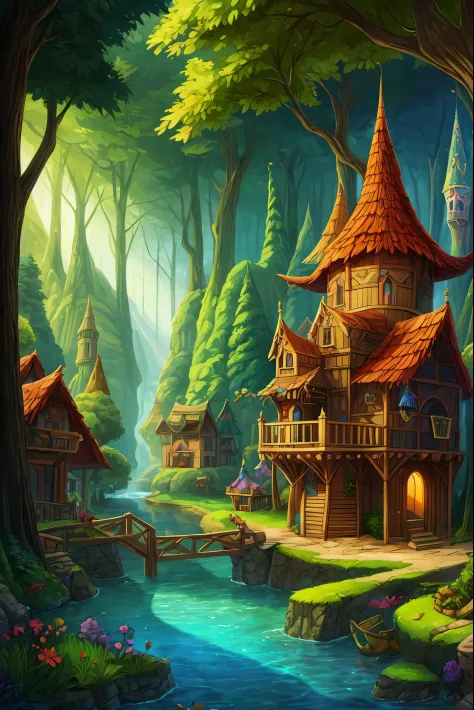 Colorful woods，Cartoon illustration of fantasy forest with tree house and stream, colorful concept art, made of tree and fantasy valley, arte de fundo, fairy kingdom forest, Stylized concept art, enchanted magical fantasy forest, magical fantasy 2 d concep...