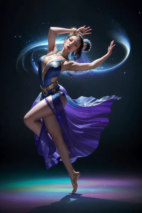 In a stunningly vibrant depiction, a mesmerizing Balinese dancer gracefully moves amidst an intricately designed galaxy, with cl...