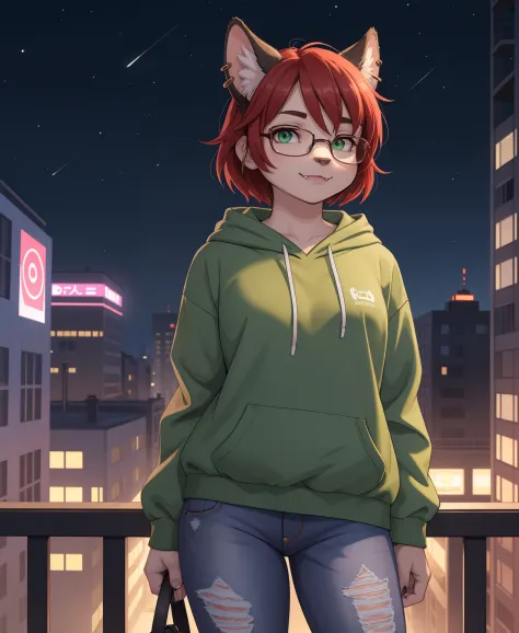 uhd 8k, hdr+, solo (female) bobcat wearing a (green_hoodie) and ripped jeans and glasses, city at night, (bobtail_visible:1.3), ...