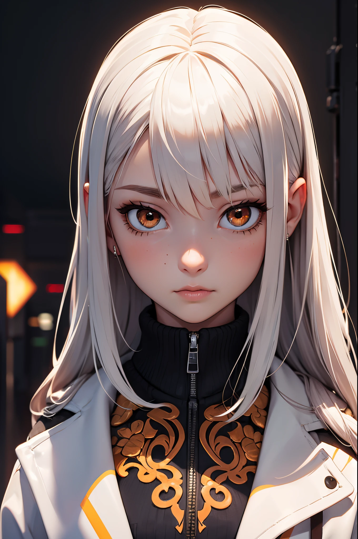 style of Tsutomu Nihei,(incredibly absurdres, (high resolution:1.18), intricate detail, (masterpiece:1.1), (highest quality:1.1), absurdres),(1girl, portrait, white hair, orange eyes, long hair, detailed eyes),