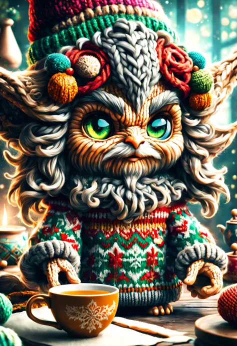 Masterpiece, best quality, wizard tea party, magic tea party, magic, chibi, dynamic shot of an ugly sweater handsome witches, highly detailed realistic eyes, happy, vibrant, colorful,