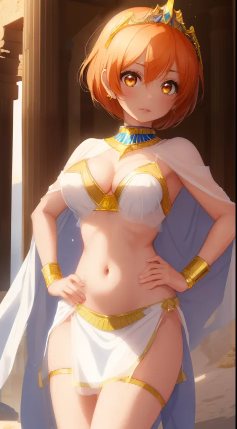 ((Masterpiece)), 8k wallpaper,Hoshizora rin,sksrin, beautiful  female model,short hair,facial details,glowing eyes,detailed body part details,looking at viewer,(one hand on hip one hand on hair),thighs,navel, cleavage,(white Egyptian dress),tiara,in Egypti...