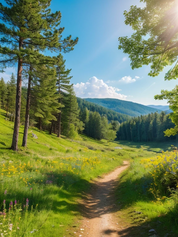 A mountain landscape with a sunny summer ; sunny weather ; woods ; photo 4k ; ultra-realistic