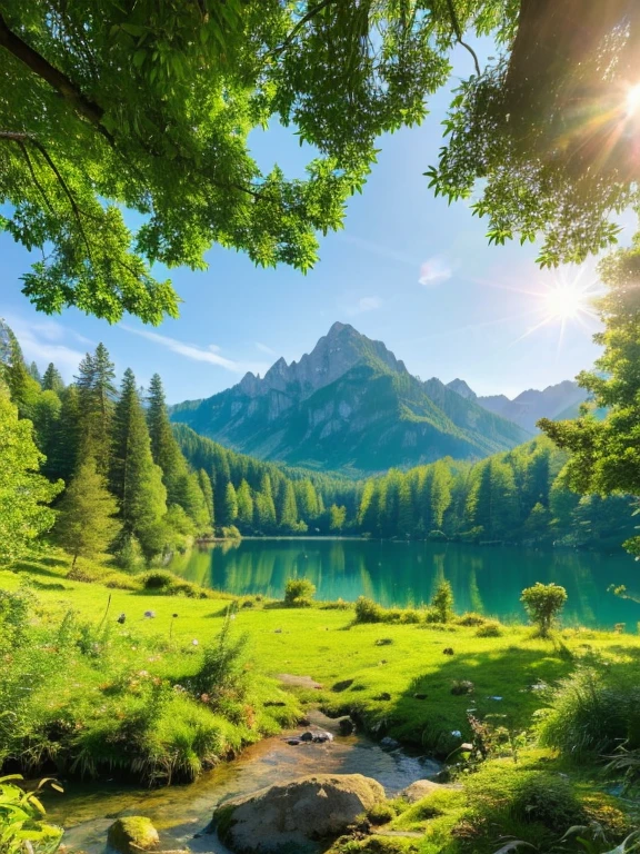 (best quality, 4k:1.2), sunny, mountain landscape, sunny summer, vibrant greenery, tall trees, lush forest, clear blue sky, sun rays through the leaves, mountain peaks, crystal-clear lake, tranquil atmosphere, ultra-realistic, vivid colors, breathtaking view