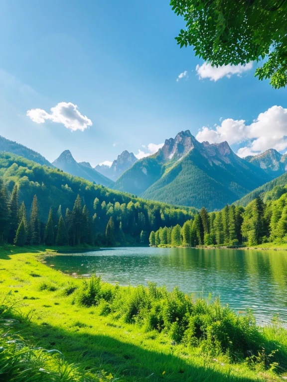 (best quality, 4k:1.2), sunny, mountain landscape, sunny summer, vibrant greenery, tall trees, lush forest, clear blue sky, sun rays through the leaves, mountain peaks, crystal-clear lake, tranquil atmosphere, ultra-realistic, vivid colors, breathtaking view