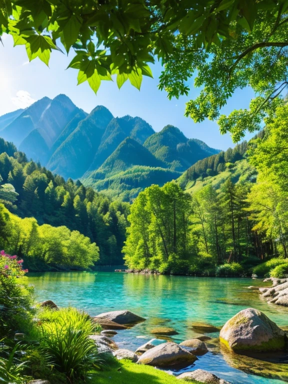 (best quality, 4k:1.2), sunny, mountain landscape, sunny summer, vibrant greenery, tall trees, lush forest, clear blue sky, sun rays through the leaves, mountain peaks, crystal-clear lake, tranquil atmosphere, ultra-realistic, vivid colors, breathtaking view