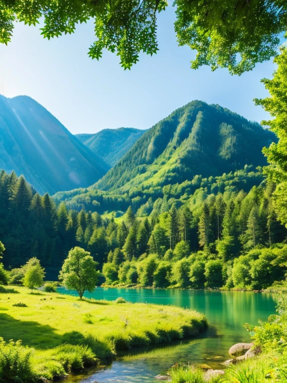 (best quality, 4k:1.2), sunny, mountain landscape, sunny summer, vibrant greenery, tall trees, lush forest, clear blue sky, sun rays through the leaves, mountain peaks, crystal-clear lake, tranquil atmosphere, ultra-realistic, vivid colors, breathtaking view