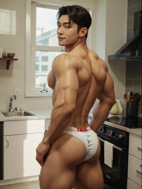 Photorealistic image, ((full body)). about a muscular athletic corean man, The body of a super-muscular trainer, (corean man with k-pop idol look), 20yo, wearing nothing but a white micro jockstrap, detailed eyes, detailed faces, a beautiful face, large op...