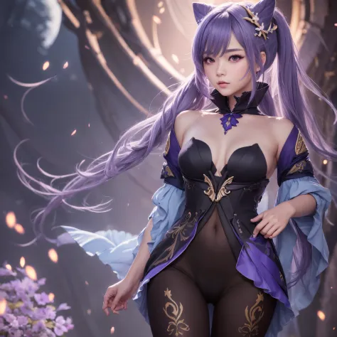 ((Genshin Impact)), ((Keqing)), ((Focus on the hips)), (black tights:1.2), traditional beauty, gorgeous chinese model, draped in purple and blue silk, with beautiful exoticism, purple hair, violet eyes, cat ears on top of head, By bicycle, soft fluffy soft...
