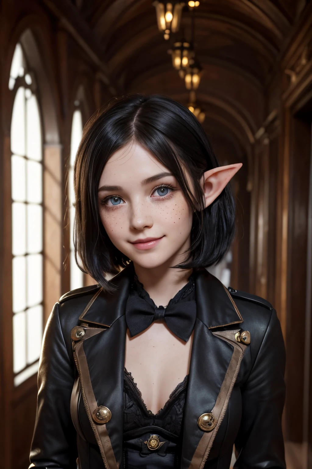 (Dark Academy Style), (1Petite Short Elf girl, Russian model face, Cute, beautiful, Slutry smile, freckles), (Short black hair), Wearing formal steampunk clothes, (Looking at POV)