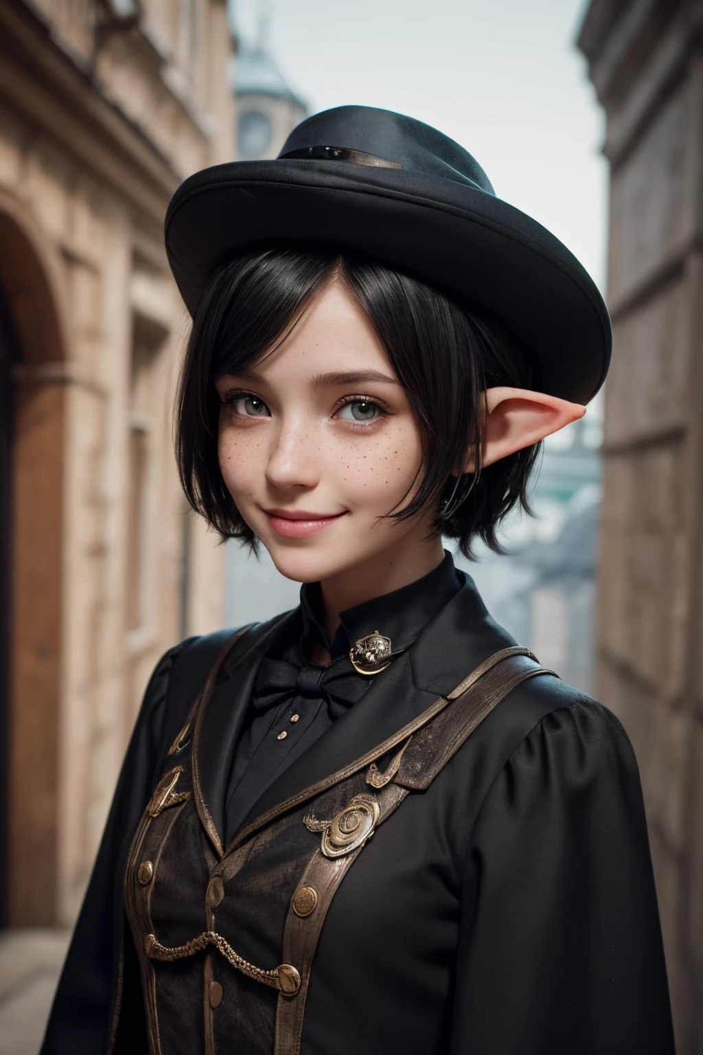 (Dark Academy Style), (1Petite Short Elf girl, Russian model face, Cute, beautiful, Slutry smile, freckles), (Short black hair), Wearing formal steampunk clothes, (Looking at POV)