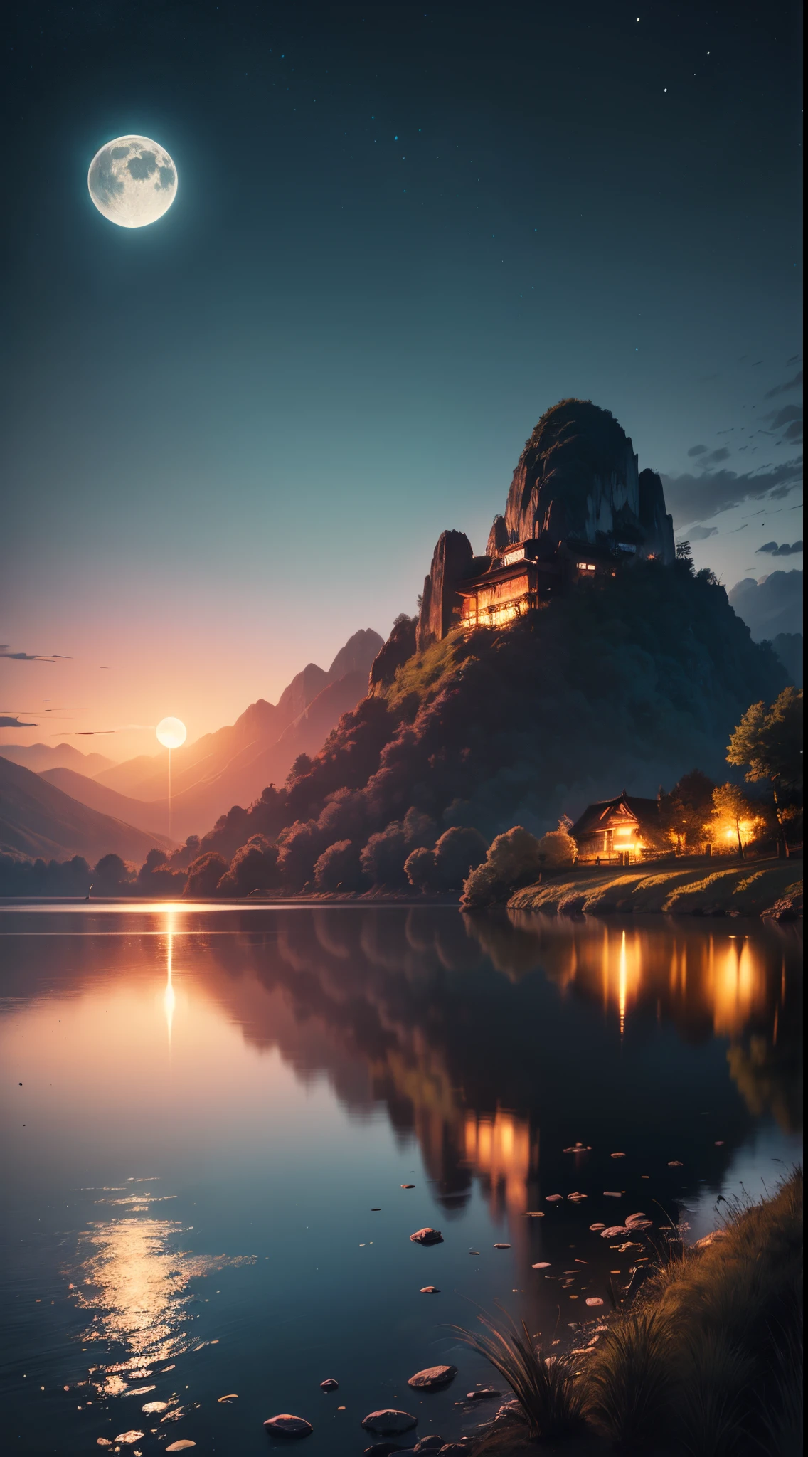 night scene with some house asian, vietnam, viet nam, ha giang, moon, lake in the foreground, calm night, green and blue, digital illustration, 4k highly detailed digital art, night scenery, anime art wallpaper 4k, anime art wallpaper 4 k, 4k detailed digital art, nighttime nature landscape, anime art wallpaper 8 k, background artwork, beautiful art uhd 4 k, 4 k hd illustrative wallpaper