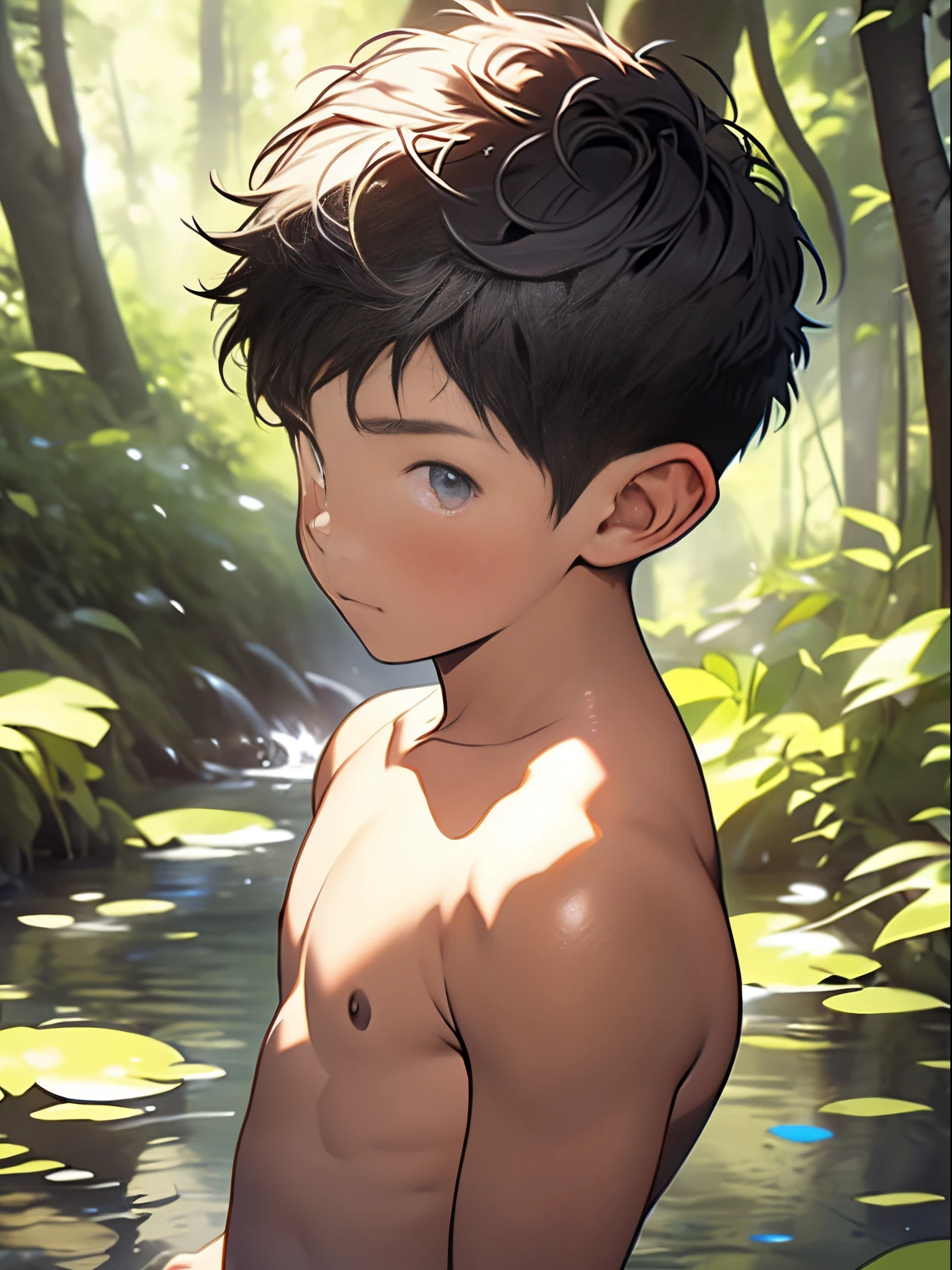 Highres, Masterpiece, Best quality at best,Best Quality,hight quality, hight detailed, 1boy, young boy, shota, 14-yaear-old boy, Seen from the side, Close-up shoulder, (very young boy), (very small and short body), elf, (shirtless, topless, bare chest), forest