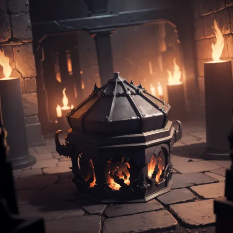 Infernal crypt filled with flames, surrounded by impenetrable walls of fire, an ominous ambiance pervading the underworld. At the heart of the room lies a colossal box, the infamous Pandora's Box - a vessel of unparalleled darkness and malevolence. Evil en...