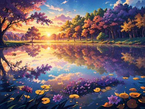 (best quality,4k,8k,highres,masterpiece:1.2),ultra-detailed,(realistic,photorealistic,photo-realistic:1.37),sunset,illustration,oil painting,beautifully detailed scene,vibrant colors,soft lavender sky,orange,red,yellow,lilac,purple,green,blue,scenic garden...