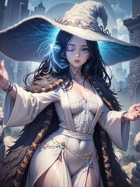 masterpiece, extremely detailed, 8k quality, Ranni from elden ring, four arms, beautiful, one eye, blue skin, white witch hat, w...