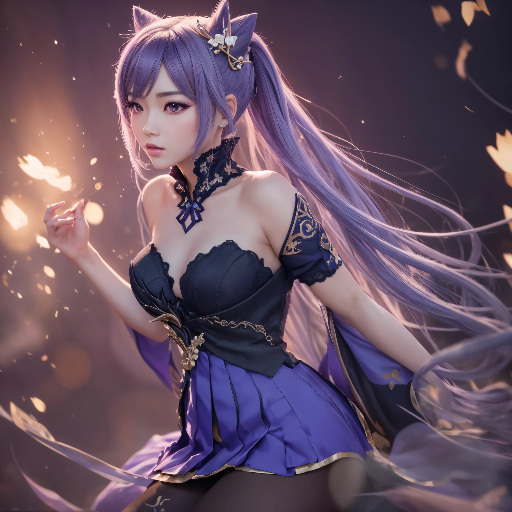 ((Genshin Impact)), ((Keqing)), ((Focus on the hips)), (black stockings wit lace top:1.2), traditional beauty, gorgeous chinese model, draped in purple and blue silk, with beautiful exoticism, purple hair, violet eyes, cat ears on top of head, By bicycle, soft fluffy soft landscape forest snowy avatar pastel pink sky green blue glitter ethereal light pastel pastel whimsical light rainbow stars diamonds sparkling gem background hyper realistic Ultra quality cinematic lighting Huge detail Full HD painting Well lit, from on the side, Masterpiece, Best Quality, Real Skin,(Portrait:1.5), 1girl, Long hair