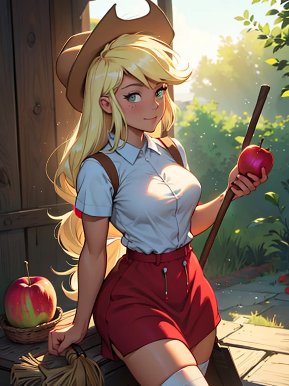 AppleJack, Applejack from my little pony, big breastes, Lush breasts, elastic breasts, exuberant hair, straight hair, red elastic band on the hair, toned body, brawn, housemaid, sex maid uniform, pretty, broom in hand, fishnet stockings, beste-Qualit, Very detailed, Slippers, apples, cowboy hat