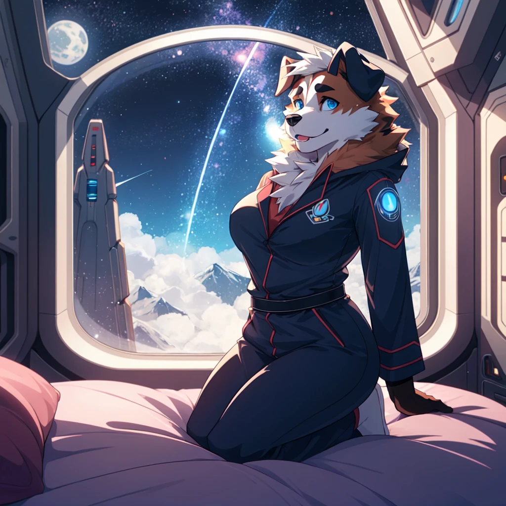 solo, 1girl, ((Saint Bernard)), anthro, furry, female, feminine, floppy ears, ((blue eyes)), spaceship bedroom, sci-fi, night time, ((voluptuous, curvy)), futuristic bedroom, futuristic pajamas,