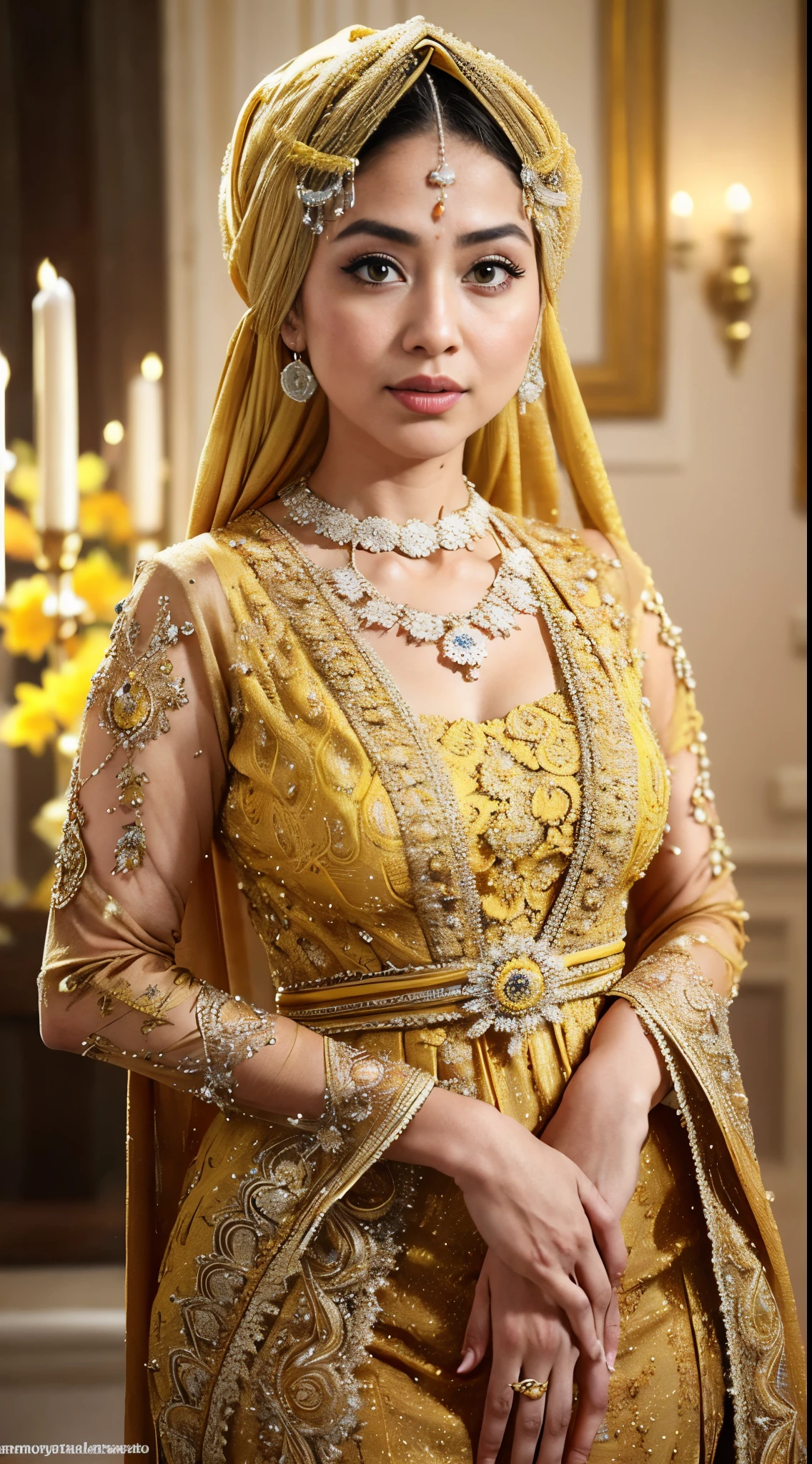 RAW, Best quality, high resolution, masterpiece: 1.3), beautiful Malay woman in hijab,Masterpiece, perfect fit body, thick thighs, (Huge breasts), big gorgeous eyes, Soft smile,((Close Up)),woman in a yellow top kebaya and black skirt standing on a sidewalk, yellow translucent lace, intricate clothing, intricate outfit, yellow ornate dress, with yellow cloths, elegant yellow skin, very beautiful enga style, traditional beauty, intricate clothes, yellow and black, yellow clothes, (((yellow))), wearing an ornate outfit, lace, traditional clothes, yellow, black and yellow, Delicate turtleneck, necklace, shairband, afternoon walk, City garden, Excellent lighting, Bright colors, Clean lines