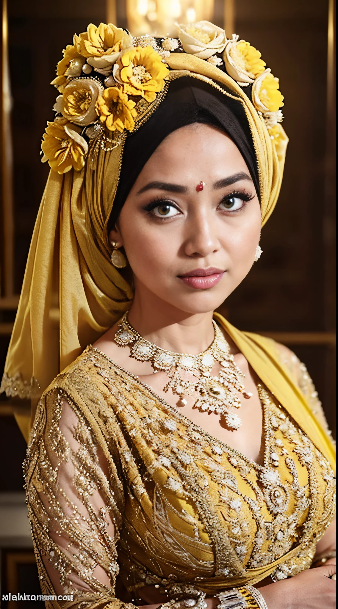 RAW, Best quality, high resolution, masterpiece: 1.3), beautiful Malay woman in hijab,Masterpiece, perfect fit body, thick thighs, (Huge breasts), big gorgeous eyes, Soft smile,((Close Up)),woman in a yellow top kebaya and black skirt standing on a sidewalk, yellow translucent lace, intricate clothing, intricate outfit, yellow ornate dress, with yellow cloths, elegant yellow skin, very beautiful enga style, traditional beauty, intricate clothes, yellow and black, yellow clothes, (((yellow))), wearing an ornate outfit, lace, traditional clothes, yellow, black and yellow, Delicate turtleneck, necklace, shairband, afternoon walk, City garden, Excellent lighting, Bright colors, Clean lines