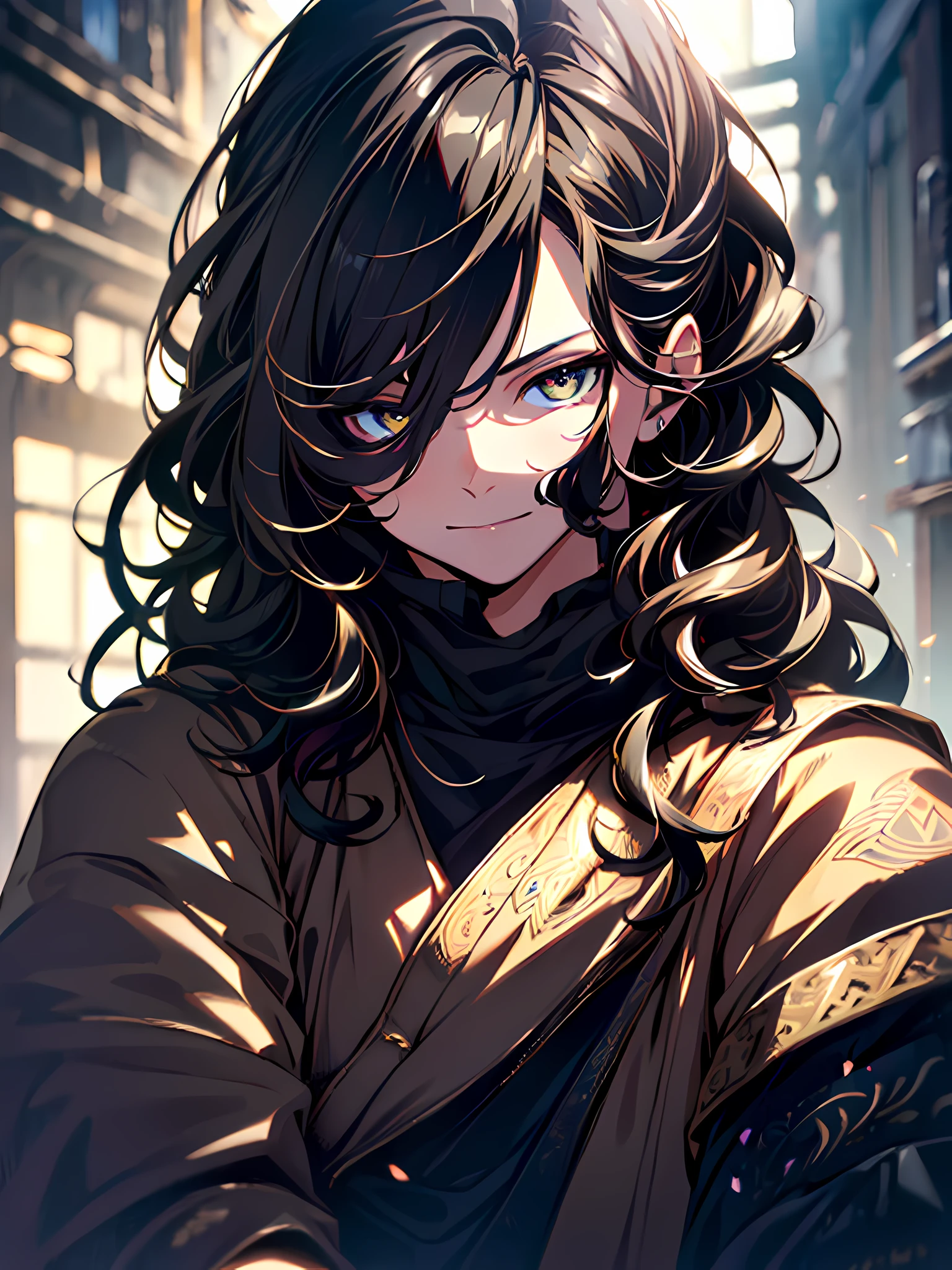 (Best Quality,4k,8K,hight resolution,Masterpiece:1.2),Ultra-detailed,(Realistic,Photorealistic,photo-realistic:1.37),the anime,menino,Wavy Hair,black hair,Twinkling eyes,golden eyes,Shirt,cloak,Dark clothing,arrogance,Portrait,upper-body,aura,血,madness,smirk