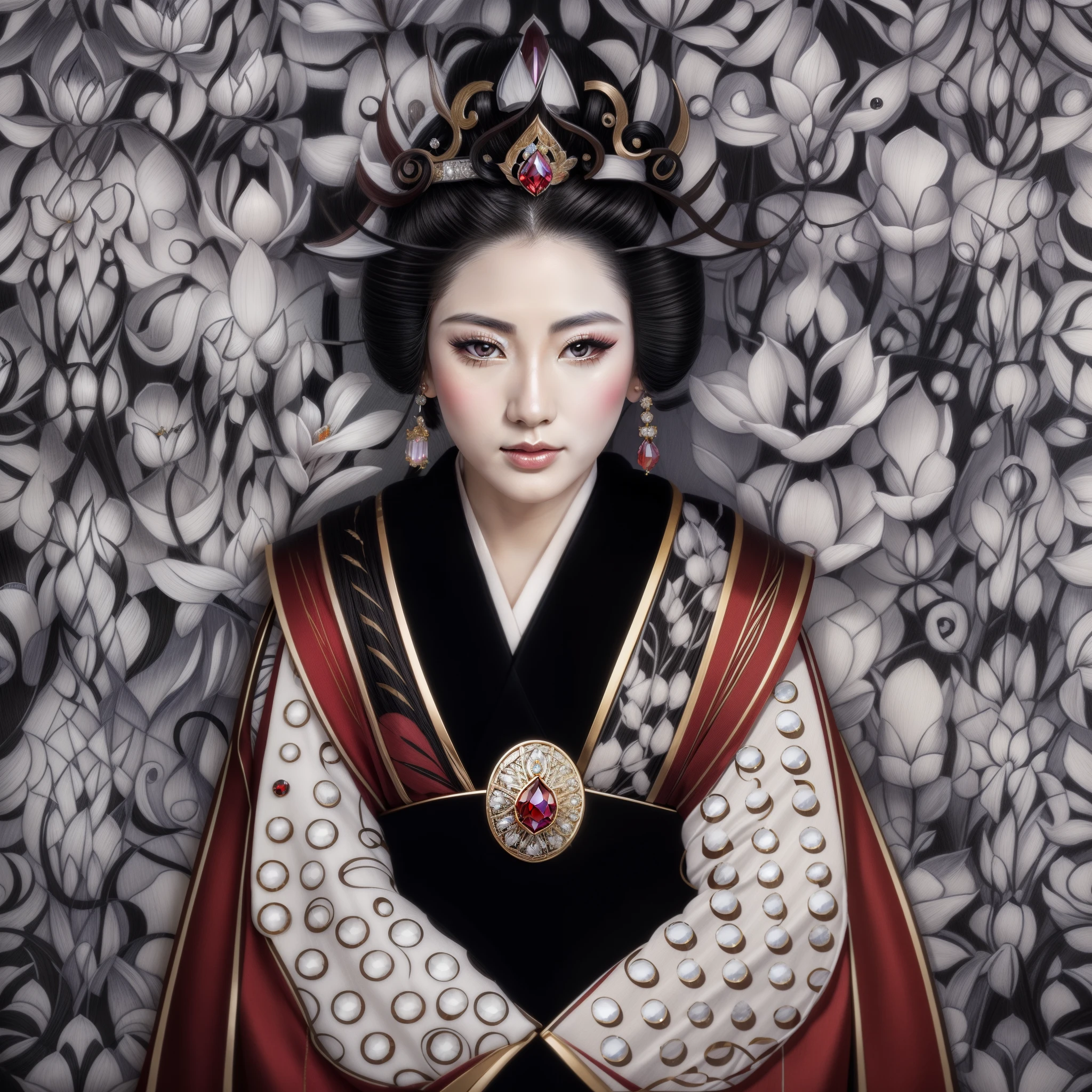 A beautiful young geisha, with black hair, full lips, beautiful eyes ...