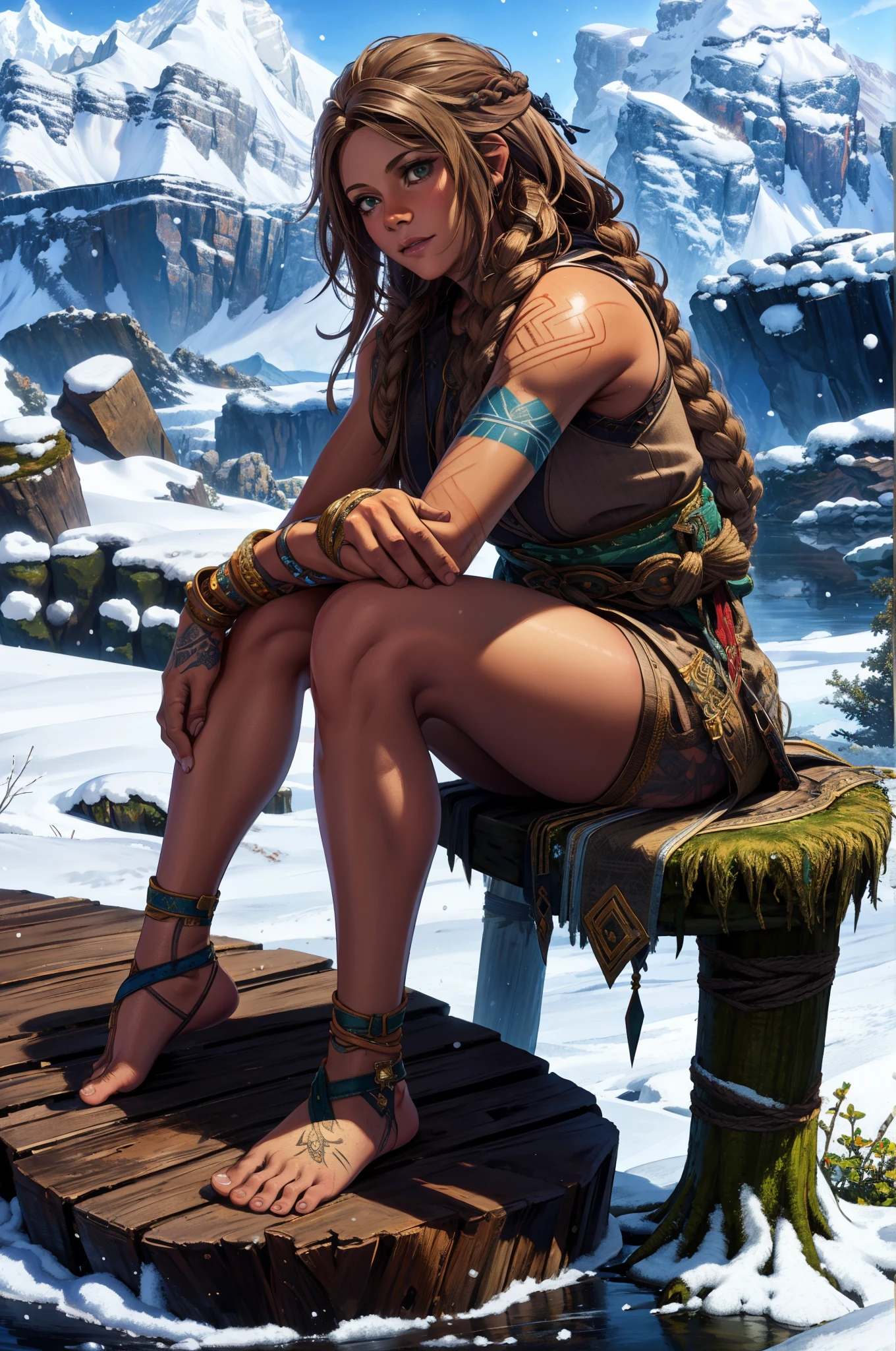 beautiful, (masterpiece:1.2), (best quality:1.2), Freya, looking at view, Snowy nordic background, Sitting on a stump, Celtic tattoos on arms, small feet, Anatomically correct fingers,